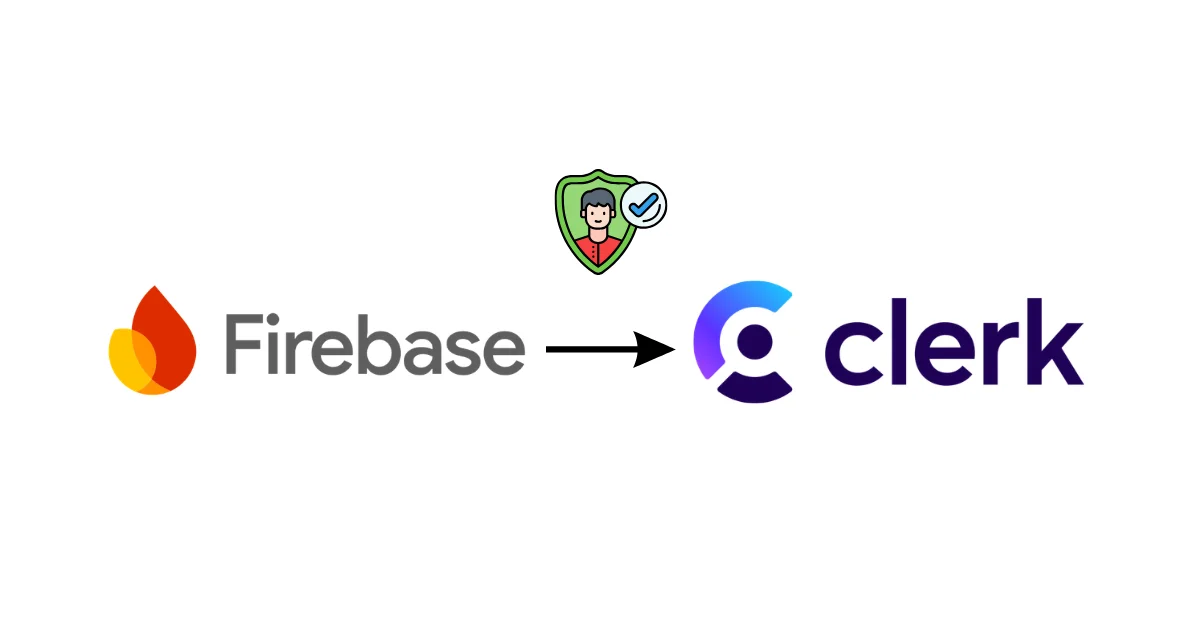 Diagram showing a technical migration path with the Firebase logo on the left, an arrow pointing to the right, and the Clerk logo on the right.