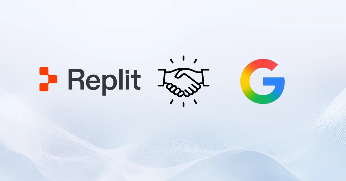 Graphic showing Replit and Google logos shaking hands for an automated Google Apps Script workflow