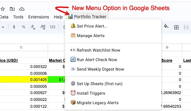 Google Sheets interface displaying a custom Google Apps Script menu with automated script options