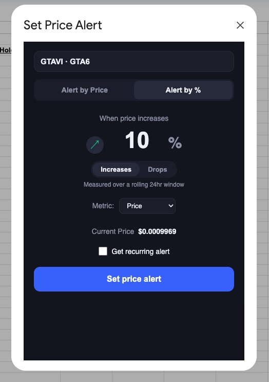 Dark mode custom HTML popup interface built with Google Apps Script to set percentage price alerts