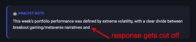 Screenshot highlighting a truncated AI analyst note on crypto portfolio performance where the text cuts off mid-sentence